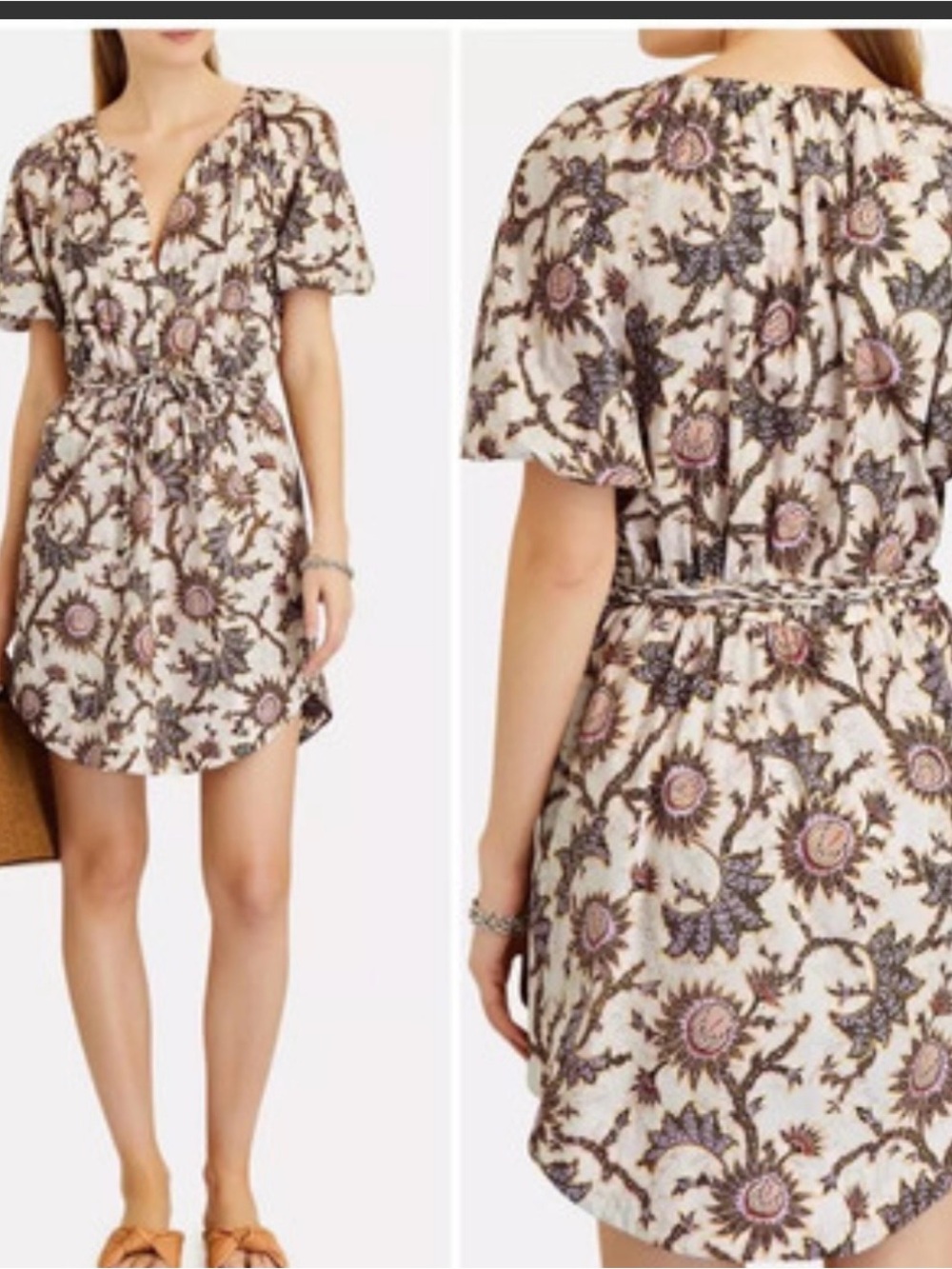 A.L.C. Adelaide Belted Cream Floral Mini Dress with Pink & Brown Accents